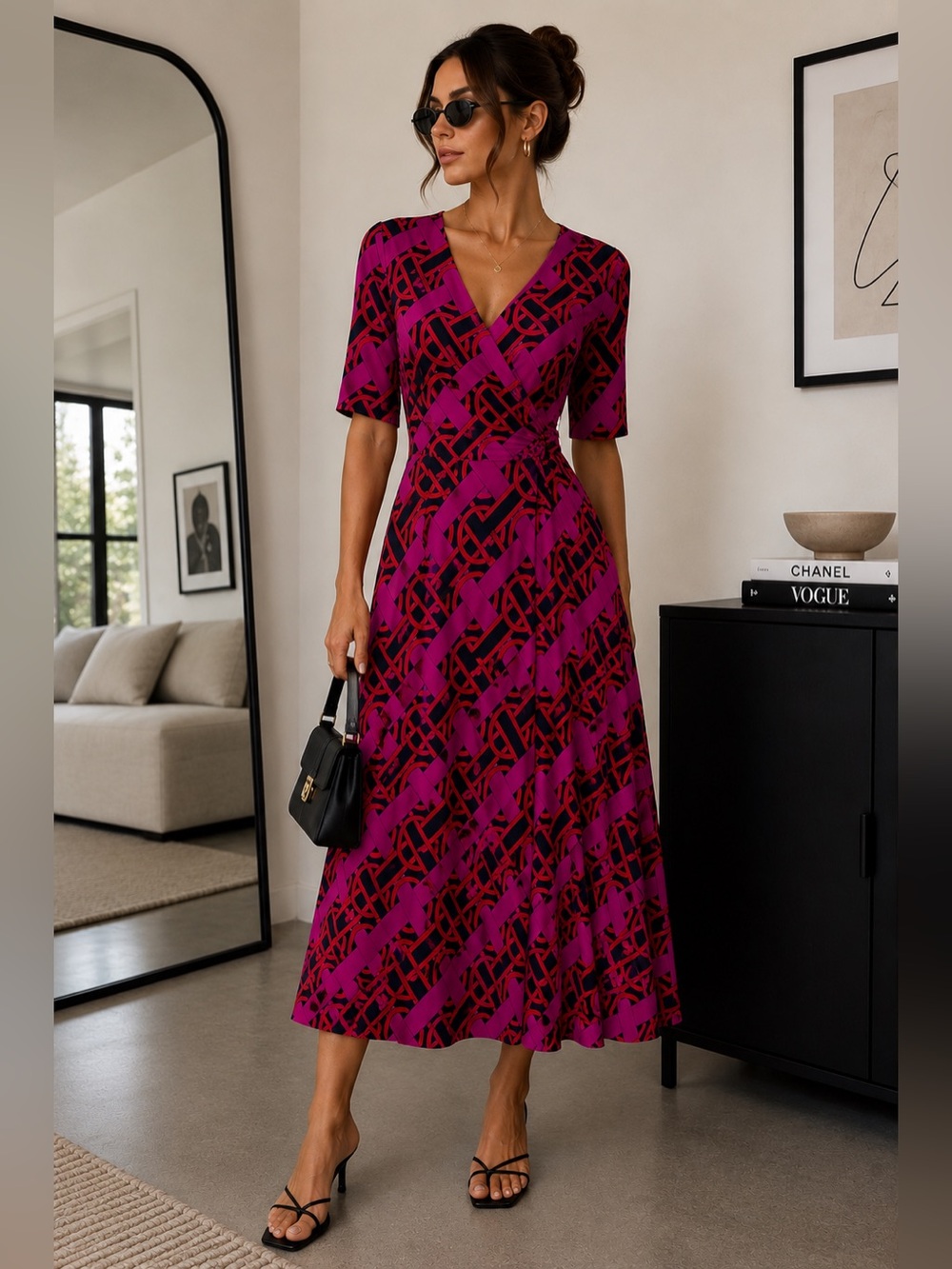 Donna Morgan Pink Geometric Wrap Midi Dress Size 14 Career Cocktail NWT